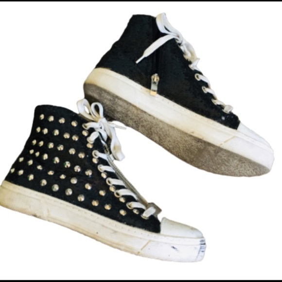 Glitter Hi Top Sneakers With Stud Detailing & Side Zipper Black/Silver Sz 7/UK 5 - Picture 3 of 8